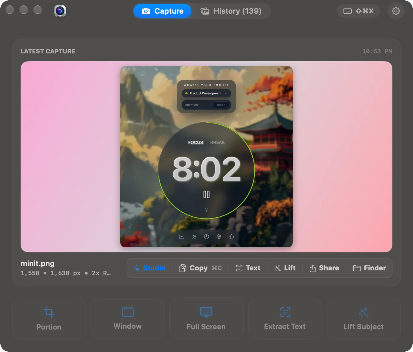 Snipip capture window with screenshot controls and a preview