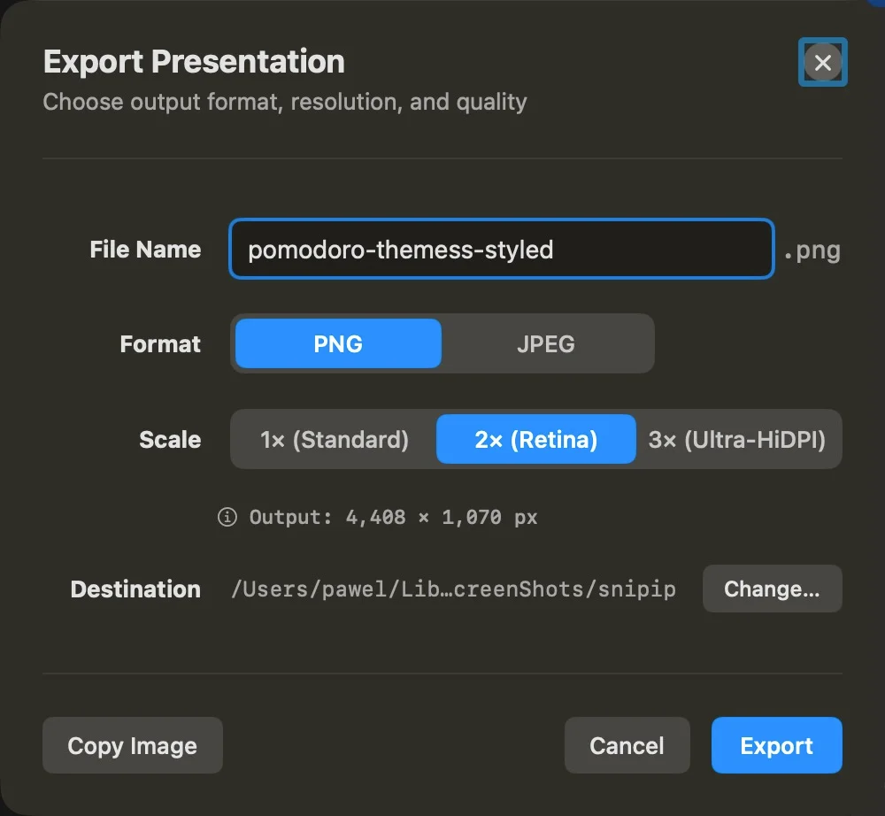 Snipip export controls for PNG, JPEG, and image resolution