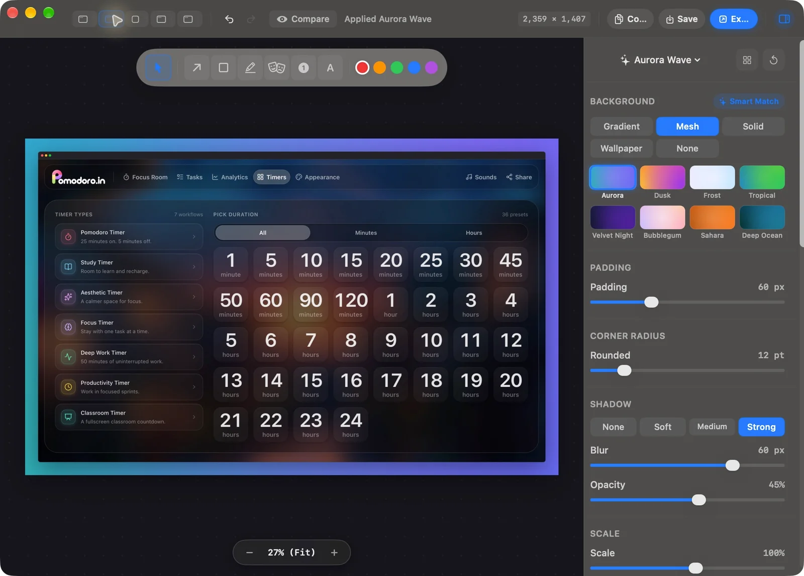 Aurora Wave preset applied in Snipip Presentation Studio
