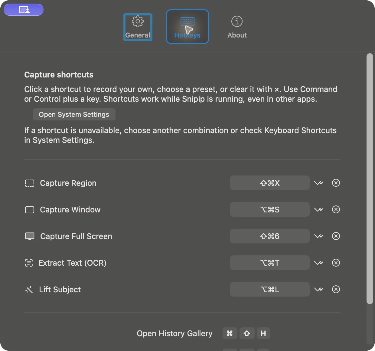 Snipip shortcut settings for capture, history, and Studio