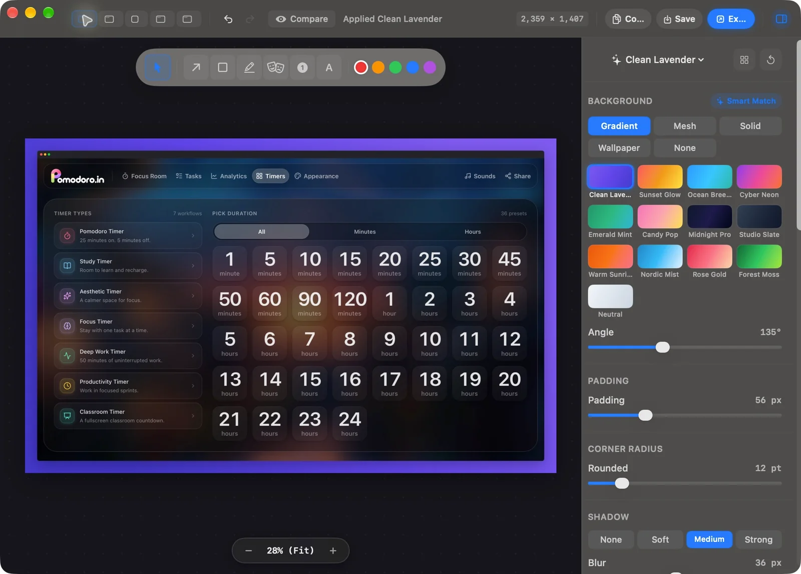 Snipip Presentation Studio with a lavender gradient and framed screenshot