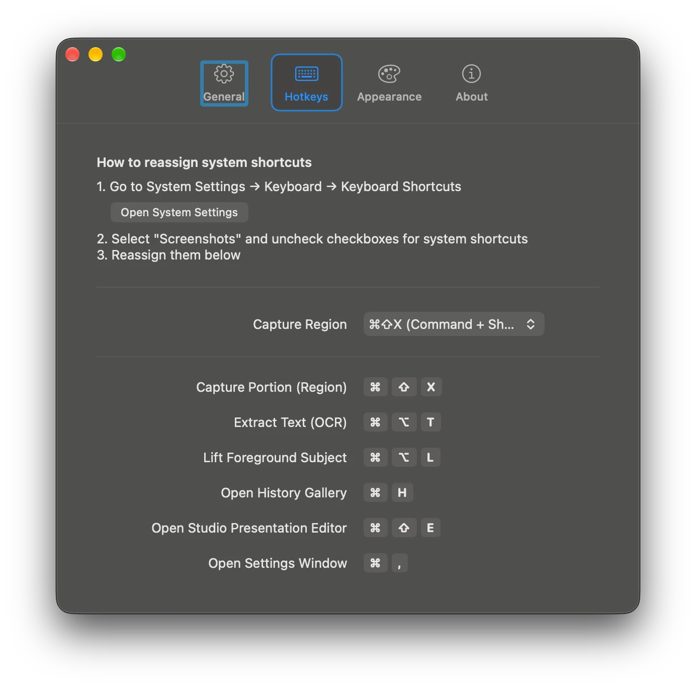 Snipip Hotkeys settings with an Extract Text OCR shortcut